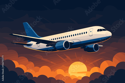 Modern Commercial Airplane Flying Above Dark Clouds at Sunrise, Flat Vector Illustration, Passenger Jet, Aviation Travel, Sunset Sky, Airliner, No Text, Transportation Concept