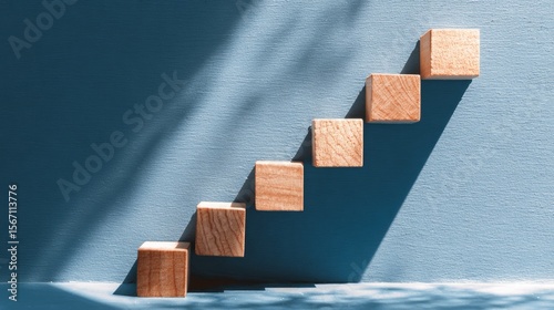 Wooden blocks in staircase formation on blue, minimalist composition symbolizing growth and progress
