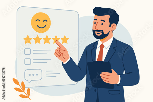 Customer satisfaction survey concept. Businessman giving five star feedback for excellent service. Positive review for quality work. Client experience evaluation with happy emoji icon.