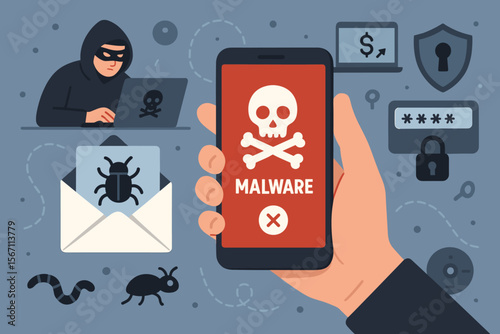 Cyber crime security concept. Hacker stealing personal data and password. Hand holding phone with malware warning from phishing email. Internet scam, virus, trojan, worm vector.