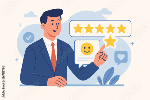 Customer satisfaction and positive feedback concept. Businessman giving a five-star review. Excellent service quality, client experience survey, and online reputation management.