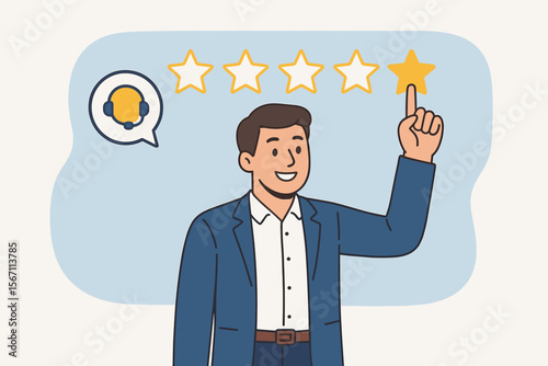 Customer service experience concept. Businessman client giving a five star rating. Positive feedback, review and evaluation for satisfaction. Excellent quality support vector illustration.