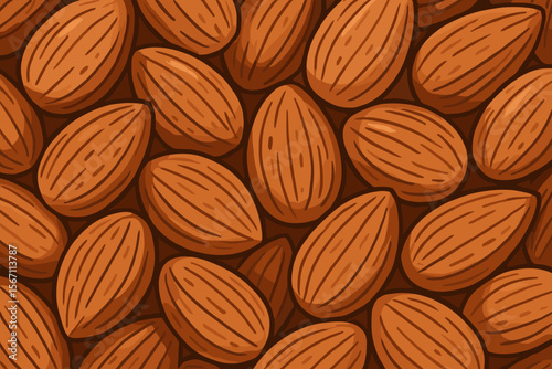 Seamless Almond Nuts Pattern Background. Whole Almonds Shell Texture. Healthy Food Ingredient. Nutritious Snack. Brown Nut Shells. Vector Cartoon Illustration. Natural Organic Food Design