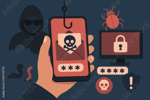 Cyber crime security concept. Hand holding phone with phishing email scam to steal password and personal data. Hacker, virus, trojan, worm, malware and adware attack concept.
