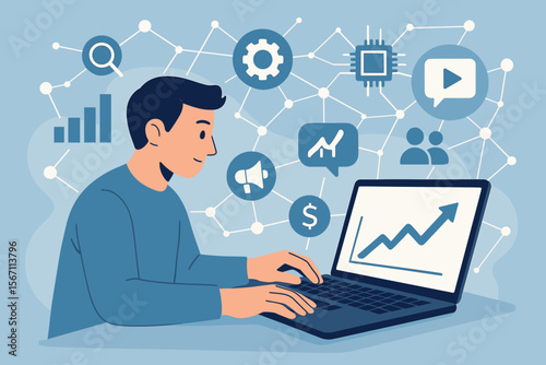 Digital marketing concept. Man working on laptop with icons. Business data analysis, SEO, online advertising, content strategy, financial performance analytics and technology network.