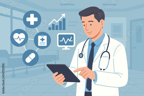 Healthcare business medical examination. Doctor using tablet. Analysis data growth chart. Health insurance. Hospital background. Digital medicine technology. E-health patient record.