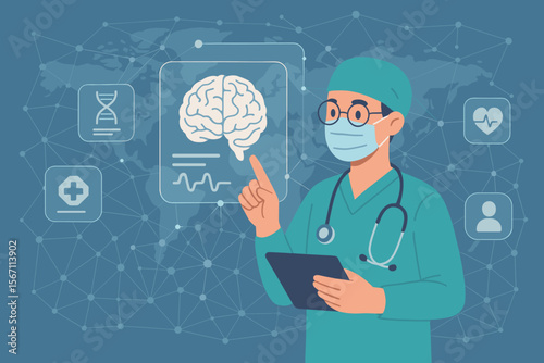 Doctor analyzing brain scan on a virtual holographic screen. Concept of neurology, neuroscience, futuristic medical technology, innovation in healthcare, and global diagnostics.