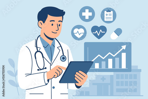Healthcare business, medical examination. Doctor uses tablet for data analysis. Digital health, e-health concept. Medical report, growth chart, hospital background, health insurance.