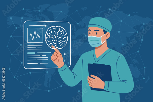 Surgeon doctor diagnoses brain scan on a virtual screen interface. Futuristic medical technology, neurology concept, and science innovation. Healthcare analysis and patient data.