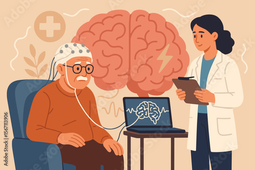Doctor examining senior patient with EEG brain scan for neurological test. Concept for neurology, Alzheimer's, dementia, and brain therapy. Healthcare vector illustration.