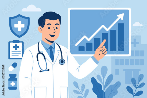 Doctor pointing at a business data growth chart. Health insurance, healthcare business graph and medical examination concept. Medicine, finance, and investment in the medical industry.