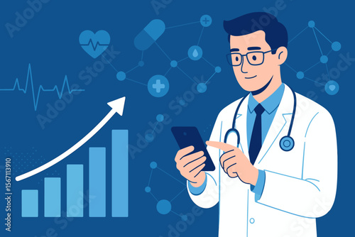 Healthcare business data analysis and growth chart. Medicine doctor using mobile smartphone for medical network connection. Telemedicine concept. Medical investment and technology.