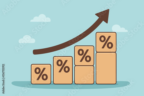 Financial and investment growth concept. Wooden blocks chart with percentage sign and arrow going up. Interest rate, mortgage, loan, and dividend increase. Economic profit vector.