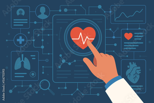 Digital health technology, medical innovation. Doctor hand on futuristic interface with heart pulse. Telemedicine, cardiology, online diagnosis, patient data analytics, e-health.