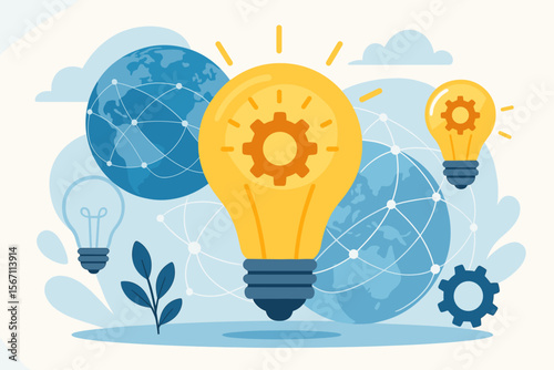 Innovation and new idea concept. Light bulb with gear for technology and business development. Creativity on global networking. Inspiration for strategy and solution. Brainstorming.