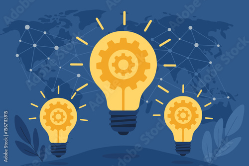 Innovation and new ideas concept. Light bulbs with gears for technology and business solutions. Development of creativity on a global network. Inspiration for strategic thinking.