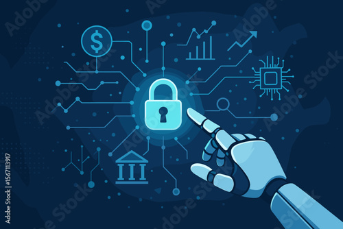 AI robot hand touching security padlock icon. Cybersecurity and financial technology (Fintech) concept. Business data protection, online banking, and network security vector.