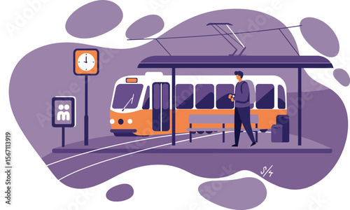 Urban tram station with passenger waiting and orange tram in modern city environment 