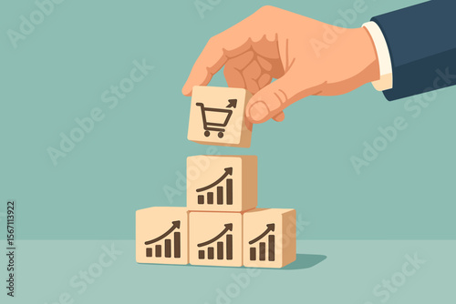 Male hand building a pyramid with blocks. Growing graph and shopping cart symbol. Concept of sales volume increase, business growth, e-commerce strategy, and market success.