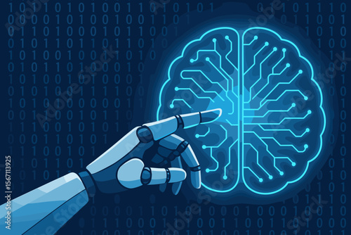 Machine learning and artificial intelligence concept. Robotic hand touching a digital brain with binary code. Big data visualization, cyber mind, and futuristic technology metaphor.