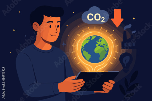 Concept of reducing CO2 emissions and carbon footprint. Man with tablet monitoring global warming and climate change. Sustainable development, energy saving and green technology.