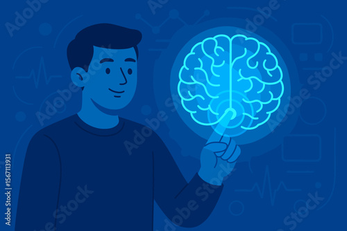 Man touching virtual brain. Medical technology innovation concept. Neurology, psychology, AI research. Digital health interface, mind analysis, future medicine, data visualization.