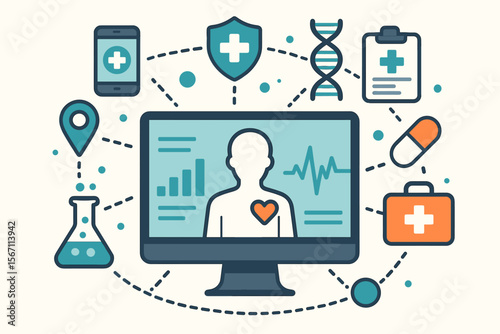 Digital Healthcare Network Concept. Medical Data Integration. Telemedicine Technology. Patient Monitoring. Health App. DNA Analysis. Medical Research. Secure Data. Modern Vector Illustration