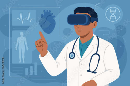 Futuristic Doctor Using Virtual Reality Glasses for Patient Diagnosis, Medical Simulation, Health Data Analysis, Innovation, Science, Technology, Digital Healthcare, Human Anatomy, Heart Monitoring