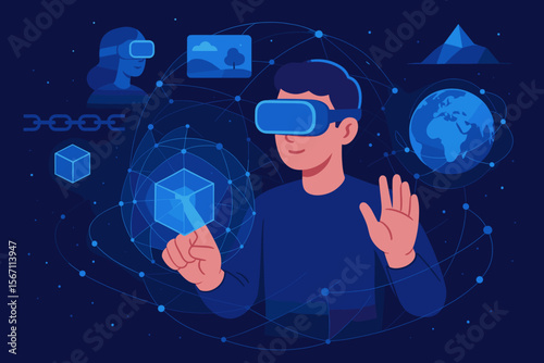 Immersive Metaverse Technology Concept with Blockchain Integration, Man Interacting with Virtual Reality Experiences, Global Network Connection, 3D Visualization, AR Simulation, and Digital Innovation