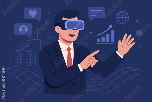 Businessman in Suit Using VR Headset Interacting with Metaverse Virtual World, Augmented Reality Visualization, Digital Business Growth, Future Technology, Social Media, Data Analytics, Global Network