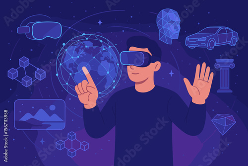 Metaverse Technology, Blockchain, Virtual Reality, Augmented Reality, 3D Simulation, Global Network, Digital Transformation, Immersive Experience, Man Interacting with Futuristic Interface