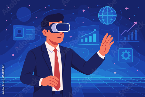 Businessman in Suit Using VR Headset Interacting with Metaverse Virtual World, Futuristic Technology, Data Visualization, Augmented Reality, Digital Transformation, Business Growth, Innovation
