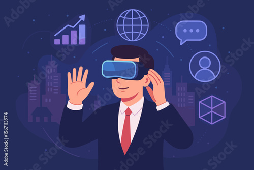 Businessman in Suit Using VR Headset Experiencing Metaverse Technology, Virtual Reality World, Augmented Visualization, Digital Transformation, Future Business Innovation, Cityscape Background