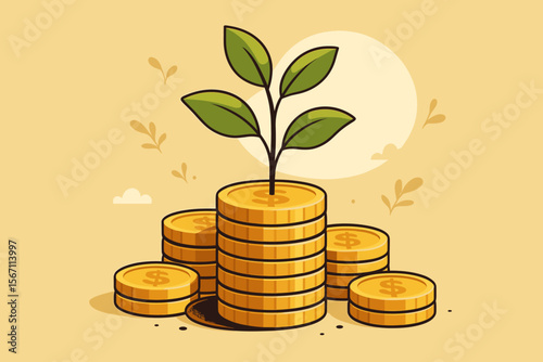 Financial Growth Concept with Plant Sprouting from Stacked Gold Coins, Investment and Wealth Accumulation, Economic Success, Modern Flat Vector Illustration, Sustainable Money Growth, No Text