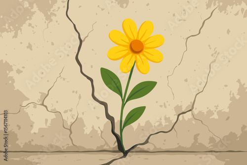 Resilience Concept Yellow Flower Growing Through Cracked Concrete Wall, Survival Hope Nature Strength, Modern Flat Vector Illustration, Grunge Texture, Urban Environment, No Text