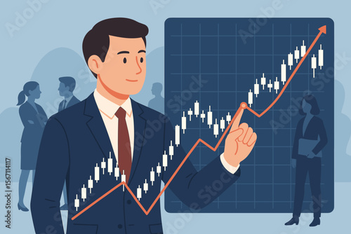 Businessman analyzing stock market data on a virtual screen. Financial expert pointing at a growing candlestick chart. Investment, economy, trading and finance growth concept.