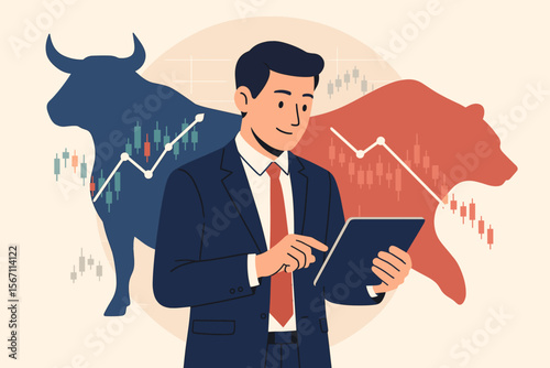 Businessman investor analyzing stock market data on a tablet. Bull and bear shapes symbolizing upward and downward trends. Financial concept for exchange, crypto, investment.