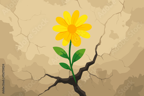 Resilient Yellow Flower Blooming Through Cracked Dry Earth, Symbol of Hope and Perseverance, Grunge Texture, Modern Flat Vector Illustration, Nature Overcoming Adversity, No Text