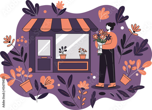 Flower shop exterior with person holding bouquet in autumn colors and decorative plants around building 