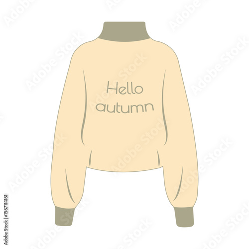 Flat style autumn fashion vector light yellow sweater with text (Hello, autumn). Hand drawn illustration for banners and social media