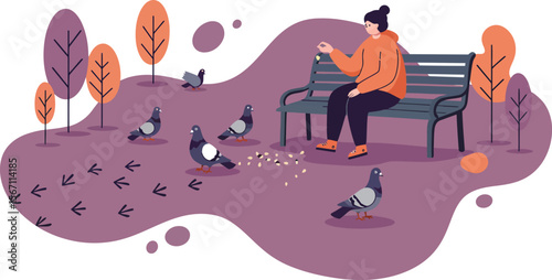 Person feeding pigeons on park bench surrounded by autumn trees and fallen leaves in peaceful outdoor scene 