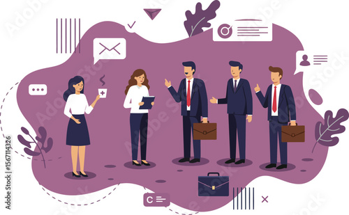 Business people discussing documents in office environment with briefcases and communication elements in background 
