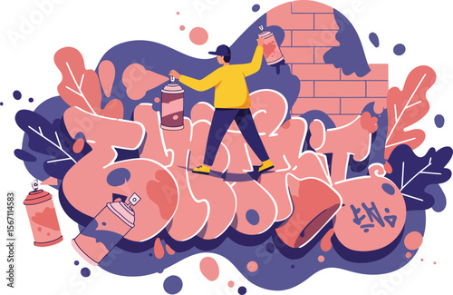Urban graffiti art with person spray painting colorful wall in lively street scene creative expression 