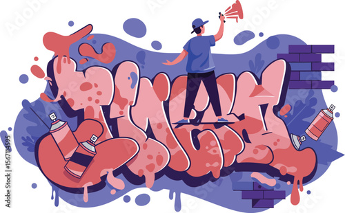 Young person creating colorful graffiti art on brick wall with spray cans and megaphone in urban setting 
