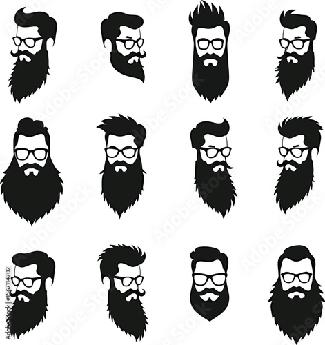 Twelve hipster bearded men silhouettes glasses