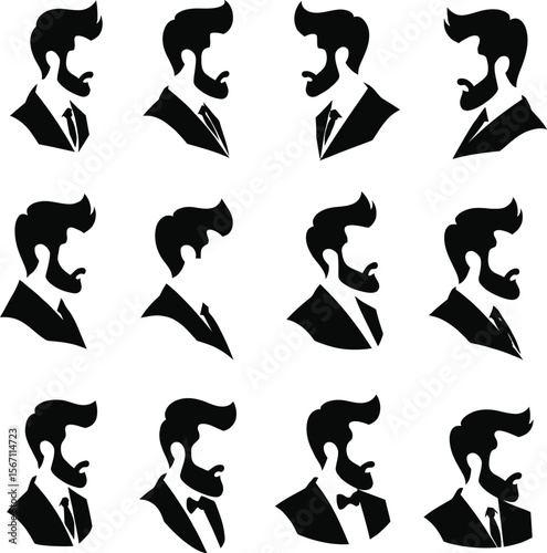 Twelve stylish men's silhouettes in suits profile views
