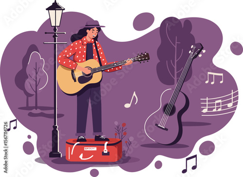 Street musician playing guitar with music notes in purple background vector illustration 
