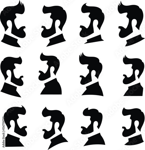 Twelve stylish bearded men silhouettes profile views