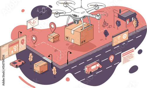 Isometric logistics and delivery service concept with packages, boxes, and transport vehicles in purple and coral colors 