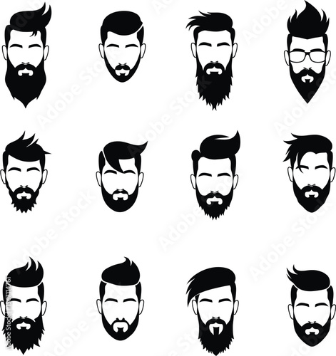 Twelve male face silhouettes diverse hairstyles beards